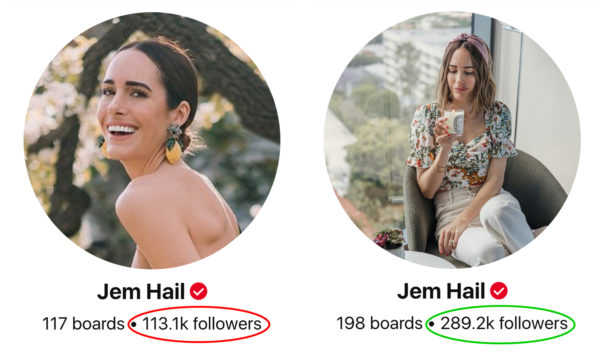 Pinterest followers growth before and after - Jem